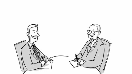 Two man at a round table talking business. Vector sketch for cartoon, storyboard, projects