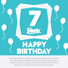 7 th birthday celebration greeting card paper art style design, birthday invitation poster background with balloons. seven anniversary celebrations blue color