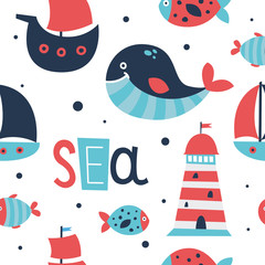 Cute sea elements seamless pattern