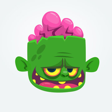 Green zombie with pink brains outside of the head. Halloween character. Vector cartoon  illustration