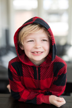 Portrait of Mischievous Blonde Little Boy With Messy Hair Grinning With Missing Tooth