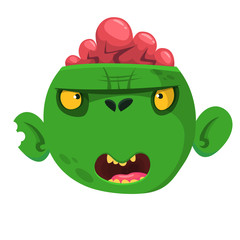 Green zombie with pink brains outside of the head. Halloween character. Vector illustration