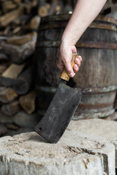 Hand holding old cleaver lodged in a trunk