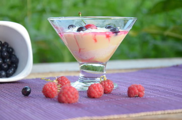 Yogurt or pudding with raspberries and blueberries on a purple napkin on a background of foliage