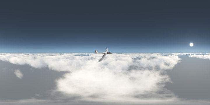 360 Grad Panorama mit einem Segelflugzeug über den Wolken