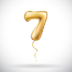 vector Golden number 7 seven metallic balloon. Party decoration golden balloons. Anniversary sign for happy holiday, celebration, birthday, carnival, new year. - obrazy, fototapety, plakaty