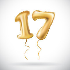 vector Golden number 17 seventeen metallic balloon. Party decoration golden balloons. Anniversary sign for happy holiday, celebration, birthday, carnival, new year. - obrazy, fototapety, plakaty
