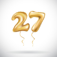 vector Golden number 27 twenty seven metallic balloon. Party decoration golden balloons. Anniversary sign for happy holiday, celebration, birthday, carnival, new year.