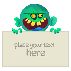 Cartoon zombie holding wooden sign. Vector illustration. Isolated on the white background. Halloween design element for banner, postcard, poster. 