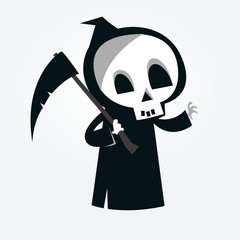 Cute cartoon grim reaper with scythe isolated on white. Vector illustration