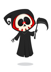 Cute cartoon grim reaper with scythe isolated on white. Cute Halloween skeleton death character icon
