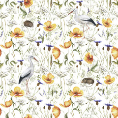 Hand-drawn watercolor floral seamless pattern with the flowers, grass, mouse and stork on the white background in vintage style. Natural and vibrant repeated print for textile, wallpaper. Wild blossom