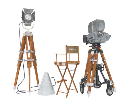 Vintage movie camera equipment isolated on white background