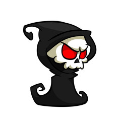 Vector illustration of cartoon death Halloween monster mascot isolated on dark background. Cute cartoon grim reaper. Outlines