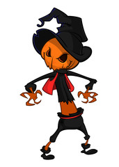 Vector cartoon image of Jack O' Lantern with orange pumpkin instead of a head, in a dark coat and witch hat standing and grinning on a white background. Halloween. Vector illustration.