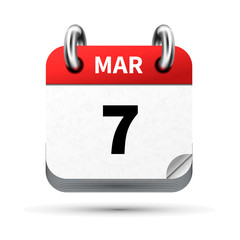 Bright realistic icon of calendar with 7 march date isolated on white