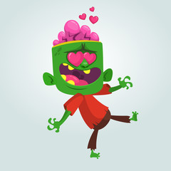 Cartoon zombie in love. Halloween vector illustration of walking zombie in red t-shire and brown pants