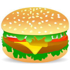 Picture of burger with cheese, meat, tomatoes, lettuce and onion