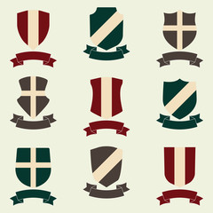 Shields with ribbon icon set. Different shield shapes collection. Heraldic royal design. Colorful vector illustration.