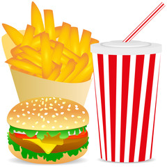 Vector image of an appetizing burger, striped paper cup with a tube and french fries in a package on an isolated white background.