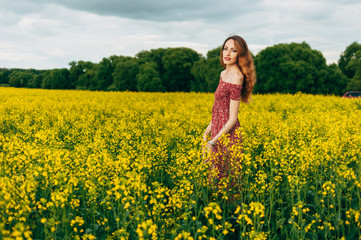 Obraz na płótnie Canvas Beautiful girl in a dress among yellow flowers in a field