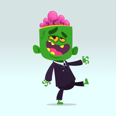 Obraz na płótnie Canvas Vector cartoon funny green zombie with big head business suit isolated on a light gray background. Halloween vector illustration.
