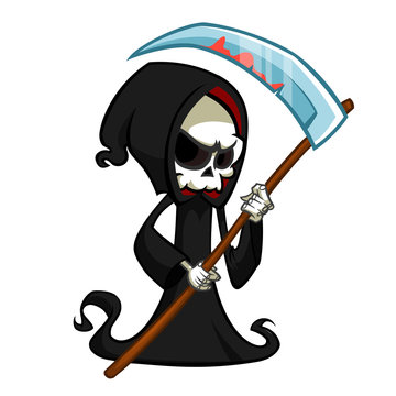 Cute cartoon grim reaper with scythe isolated on white. Cute Halloween skeleton death character icon