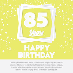 Naklejka premium 85 th birthday celebration greeting card paper art style design, birthday invitation poster background with confetti. eighty five anniversary celebrations yellow color