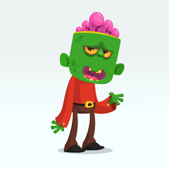 Cartoon funny green zombie  growling. Halloween vector illustration of monster