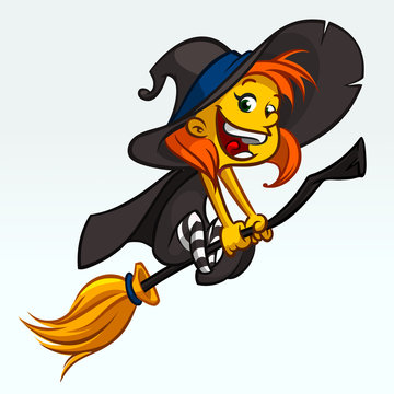 Cartoon pretty funny witch flying on her broom. Halloween vector illustration isolated on white