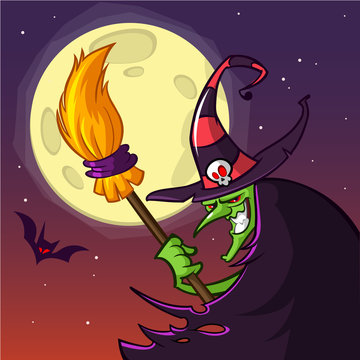 Cartoon witch with a broom. Halloween vector illustration isolated on scary night background with full moon. Poster or greetings card