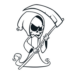 Cute cartoon grim reaper with scythe isolated on white. Coloring book