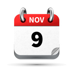 Bright realistic icon of calendar with 9 november date isolated on white