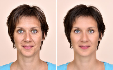 Woman before and after applying make-up