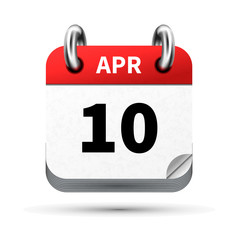Bright realistic icon of calendar with 10 april date isolated on white