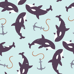 Naklejka premium vector killer whale grunge vintage pastel seamless pattern