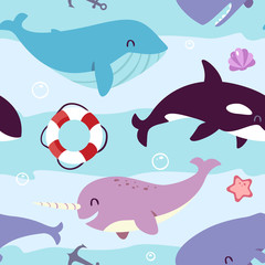Obraz premium vector blue whale, sperm whale, narwhal and killer whale seamless pattern