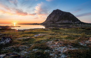Scenic view with sunset and mountain at summer night in Lofoten, Norway. - 167482166