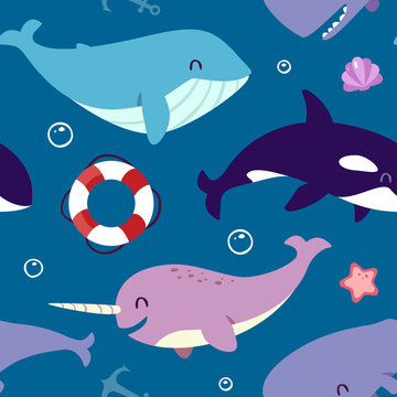 vector blue whale, sperm whale, narwhal and killer whale seamless pattern