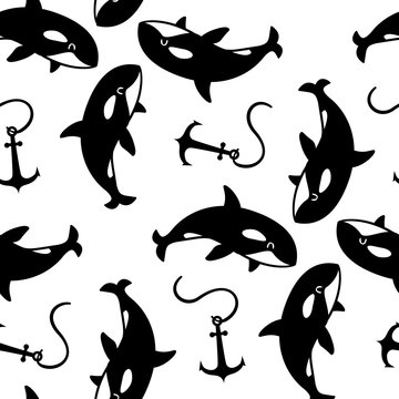 vector killer whale monochrome seamless pattern