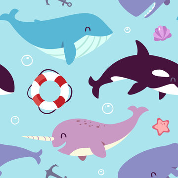 vector blue whale, sperm whale, narwhal and killer whale seamless pattern