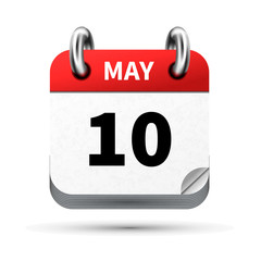 Bright realistic icon of calendar with 10 may date isolated on white