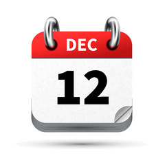 Bright realistic icon of calendar with 12 december date isolated on white