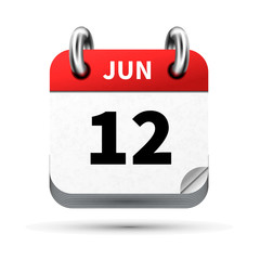 Bright realistic icon of calendar with 12 june date isolated on white