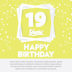 19 th birthday celebration greeting card paper art style design, birthday invitation poster background with confetti. nineteen anniversary celebrations yellow color