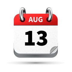 Bright realistic icon of calendar with 13 august date isolated on white