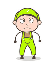 Cartoon Young Boy Worker Aggressive Expression Vector Illustration
