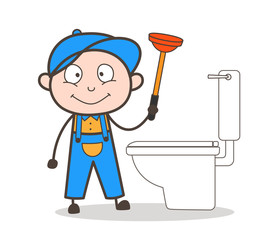 Cartoon Plumber Cleaning with Plunger Vector Illustration