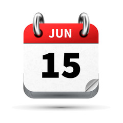 Bright realistic icon of calendar with 15 june date isolated on white