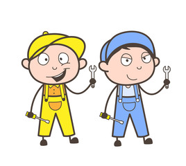 Cartoon Workers with Adjustment Tools Vector Illustration